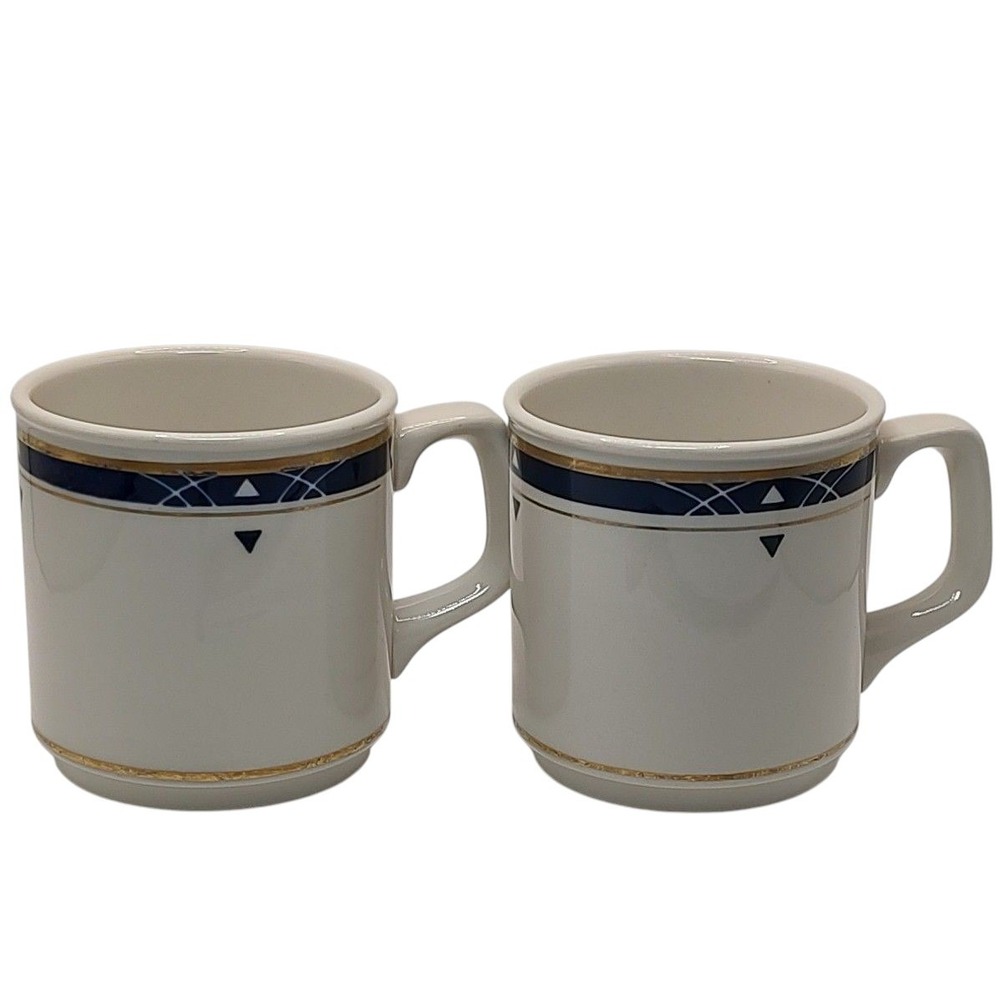 Vintage Homer Laughlin Coffee Mugs White Blue with Gold Trim Embossed Set of Two